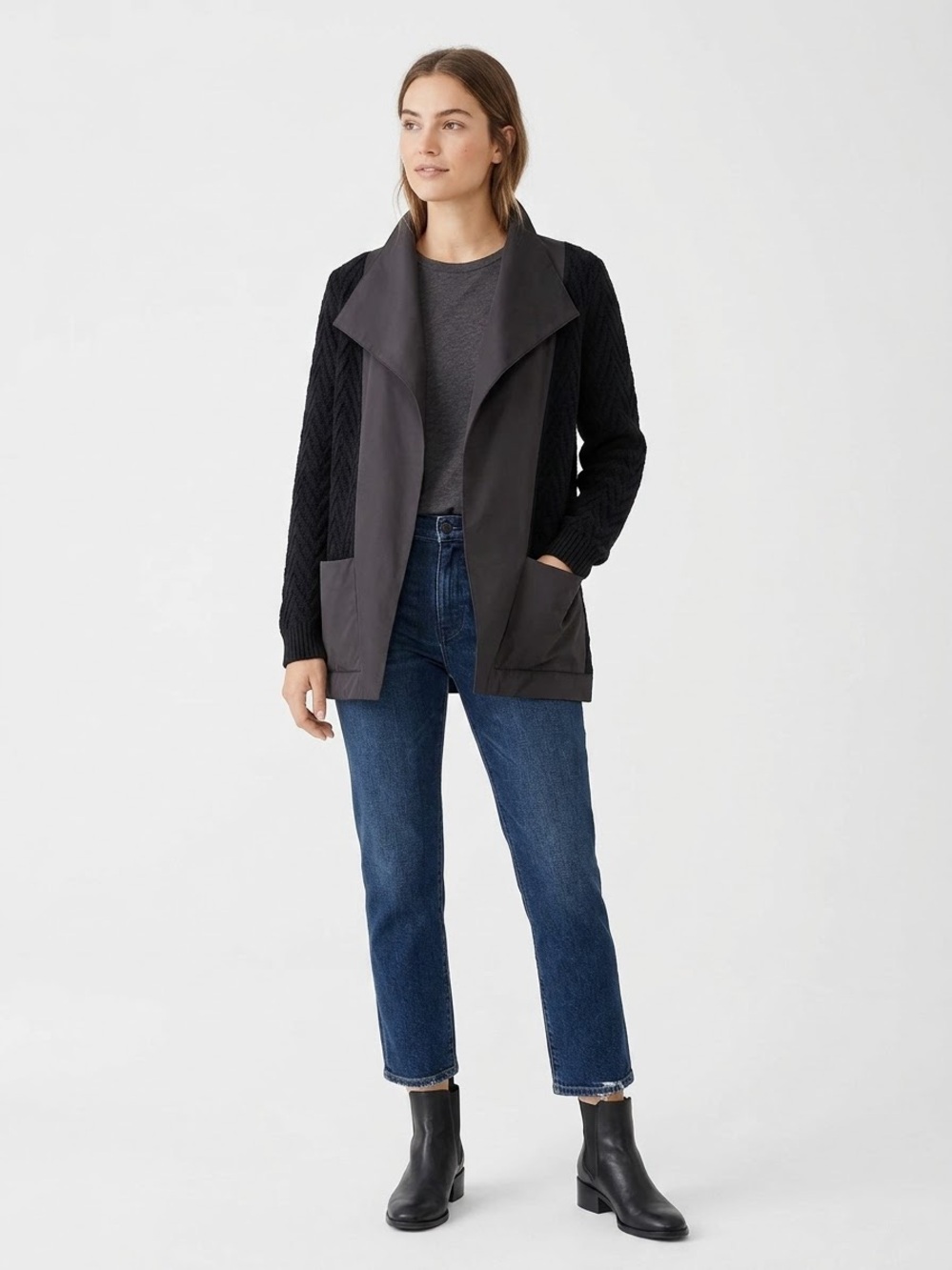 Lafayette 148 New York Black Knit & Woven Drape Open Cardigan Jacket XS